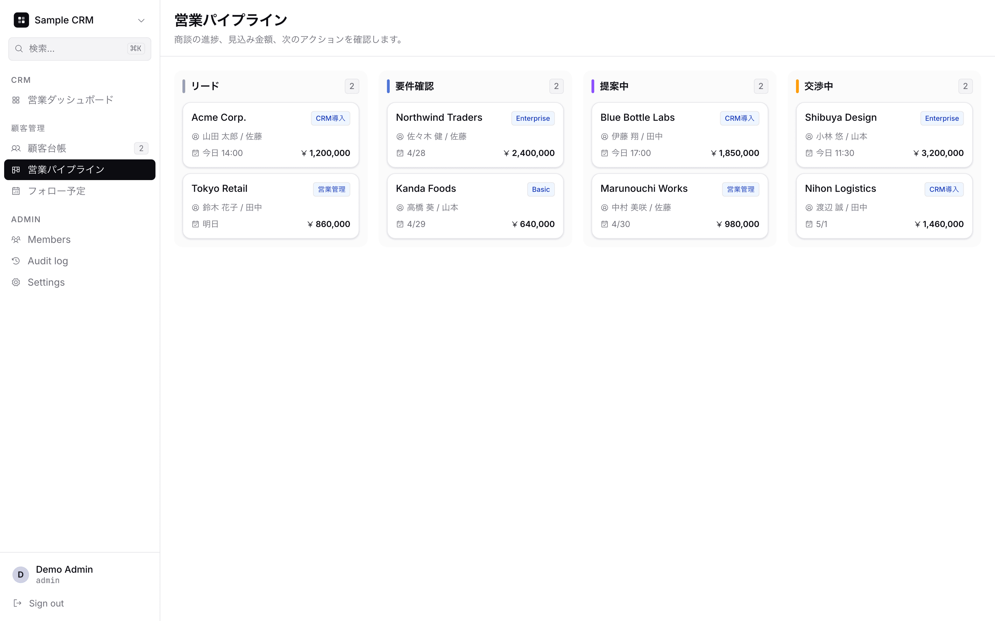 CRMデモの営業パイプライン画面